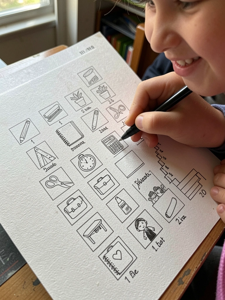 Criança escreve em folha com desenho de escada e degraus numerados.