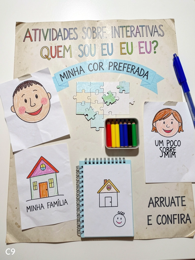 Ficha de atividade escolar com foto, nome, idade e desenho de animal favorito, caneta ao lado.