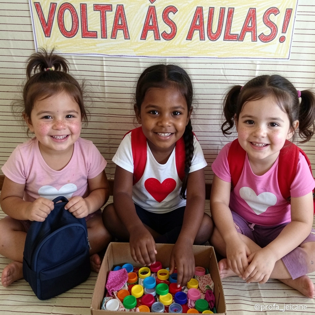 Crianças pequenas sentadas no chão explorando uma caixa com tampinhas coloridas e tecidos.