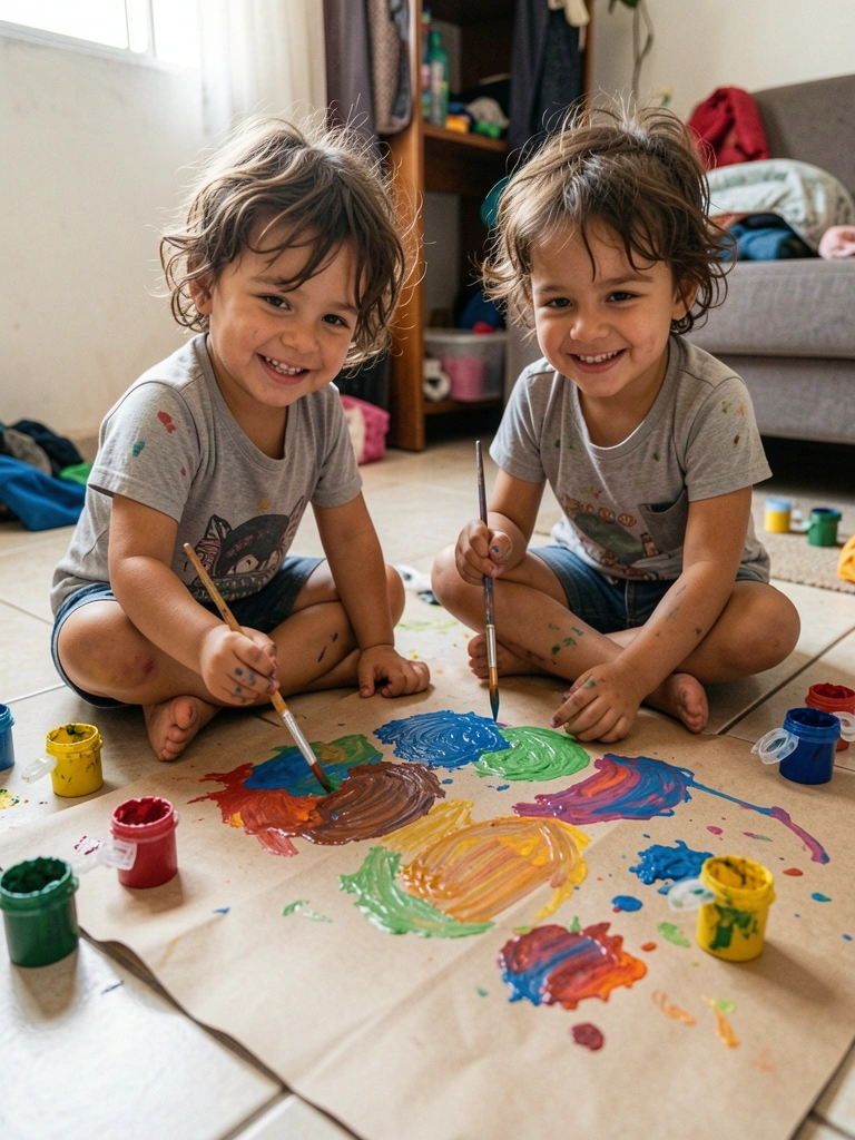 Crianças sentadas no chão pintando um grande painel de papel kraft, com pincéis e tinta guache espalhados ao redor.