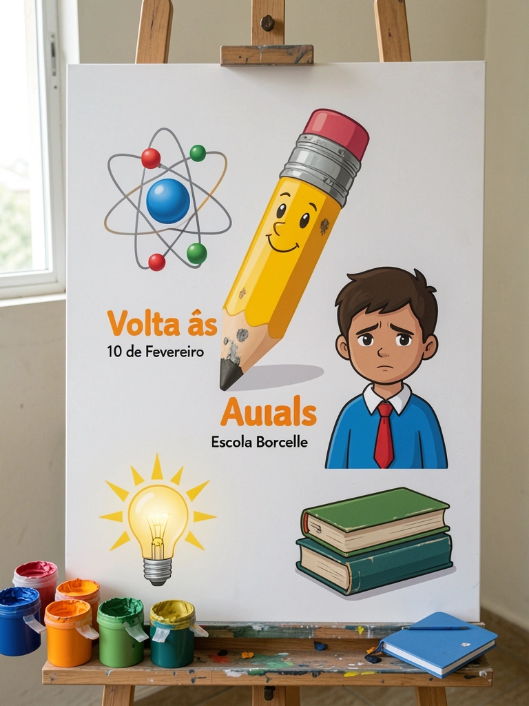 Painel branco retangular sobre cavalete com potes de tinta colorida ao lado.