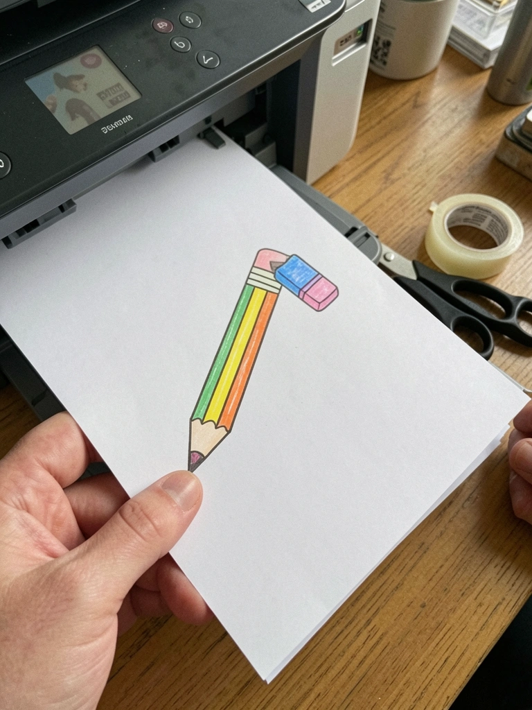 Impressora jato de tinta com folha A4 saindo, desenho de lápis e borracha, tesoura e fita adesiva ao lado.
