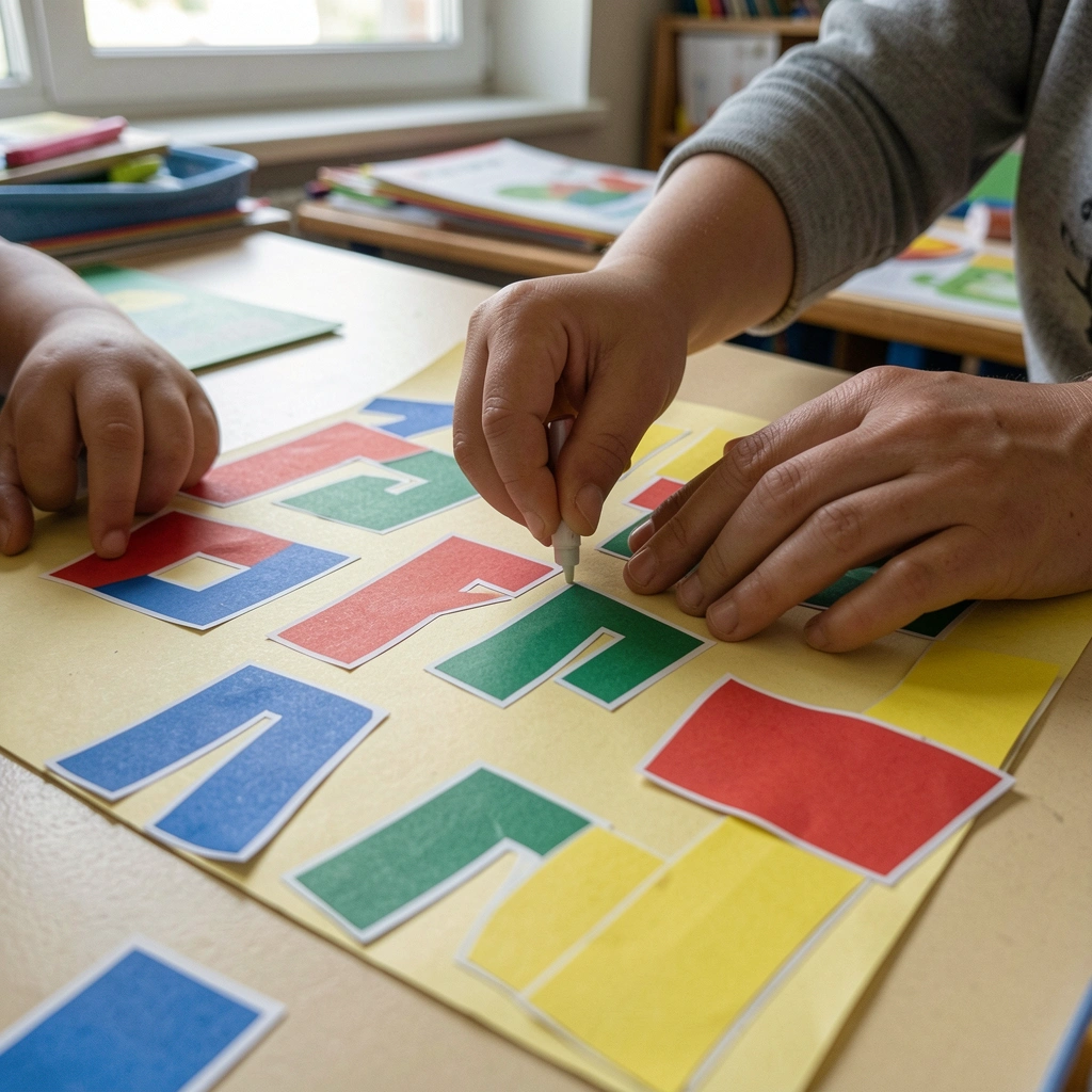 Criança cola formas geométricas de papel colorido em cartolina enquanto professora auxilia.