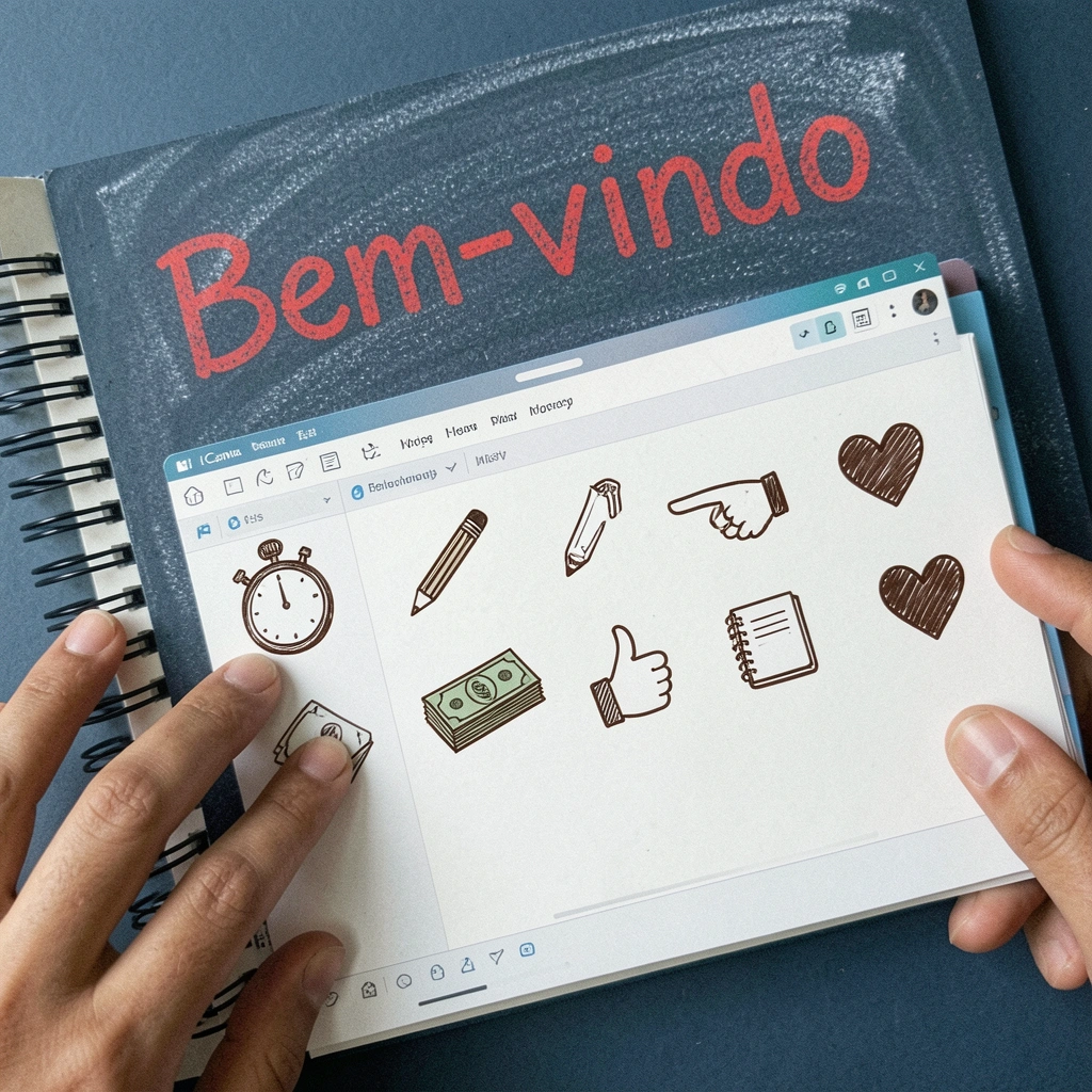 Tela de notebook com editor Canva aberto mostrando moldura de lousa e letras