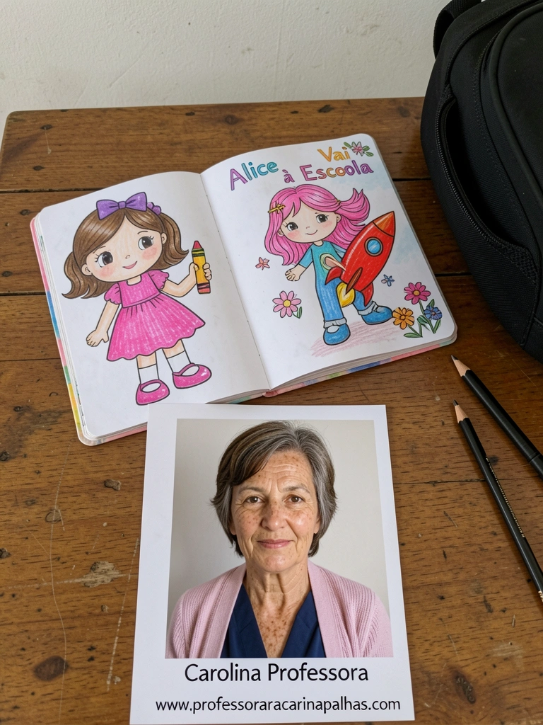 Crachás de papel com nomes infantis sobre mesa, acompanhados de lápis de cor.