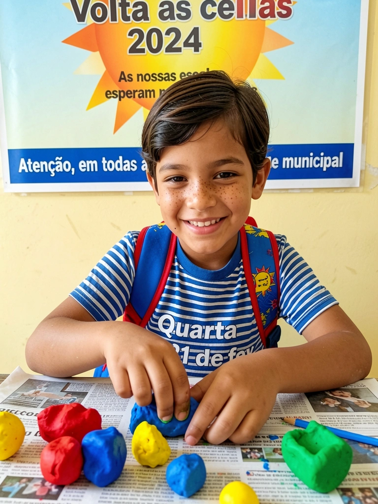 Crianças amassando massinha de modelar colorida sobre mesa forrada com jornal.