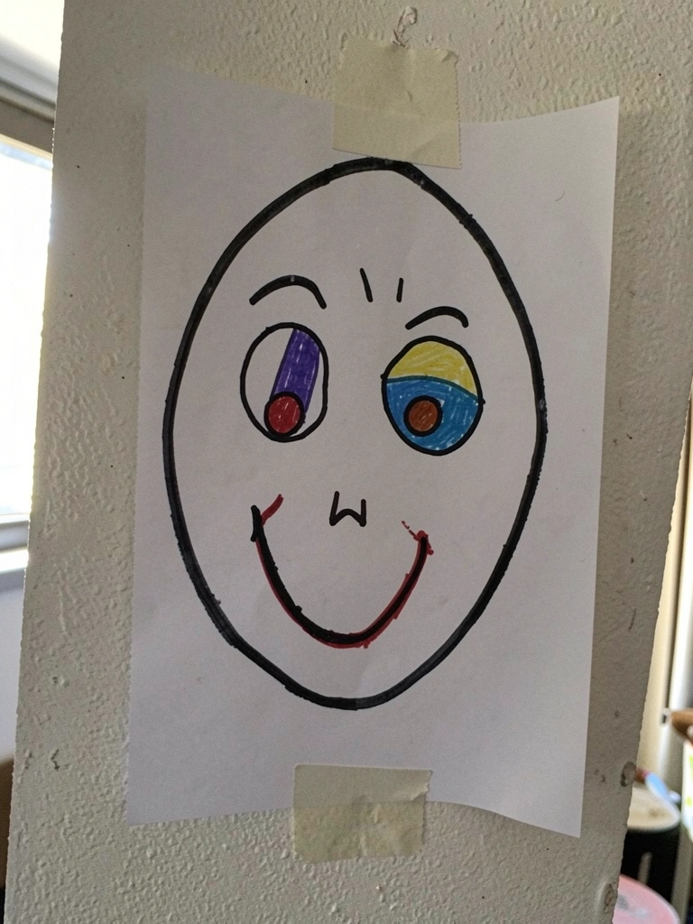 Parede com desenhos infantis de rostos circulares, olhos e bocas coloridos.