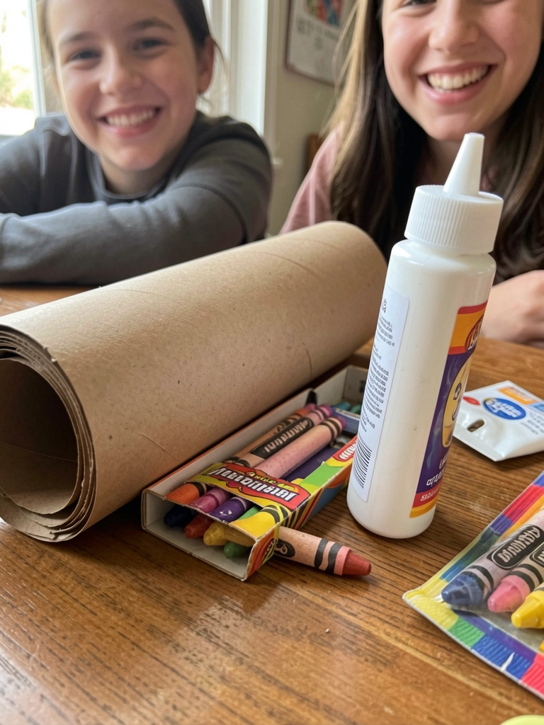Rolo de papel craft marrom, caixa de giz de cera e tubo de cola branca sobre uma mesa.