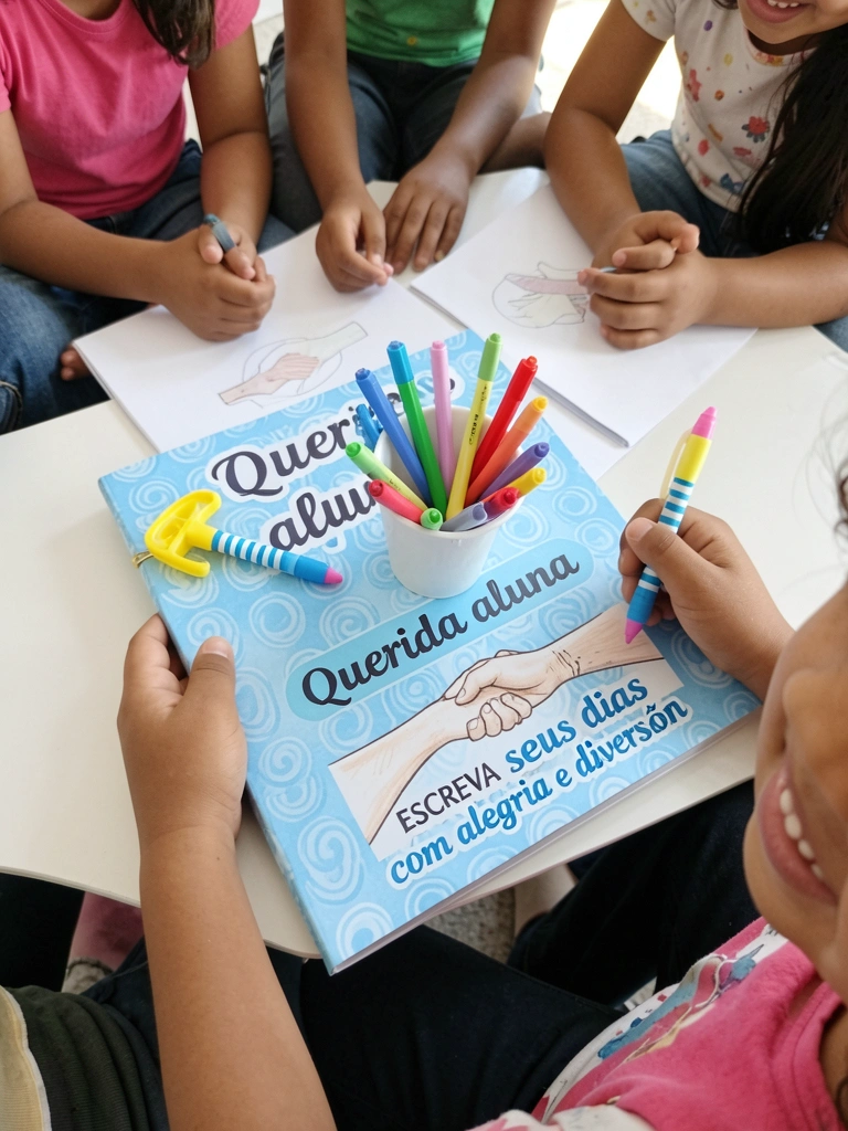 Criança sentada em círculo com colegas, segurando desenho de mãos dadas.