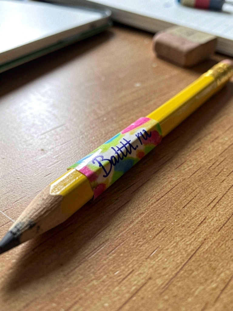 Close-up de lápis com etiqueta adesiva colorida onde há um nome escrito à mão.