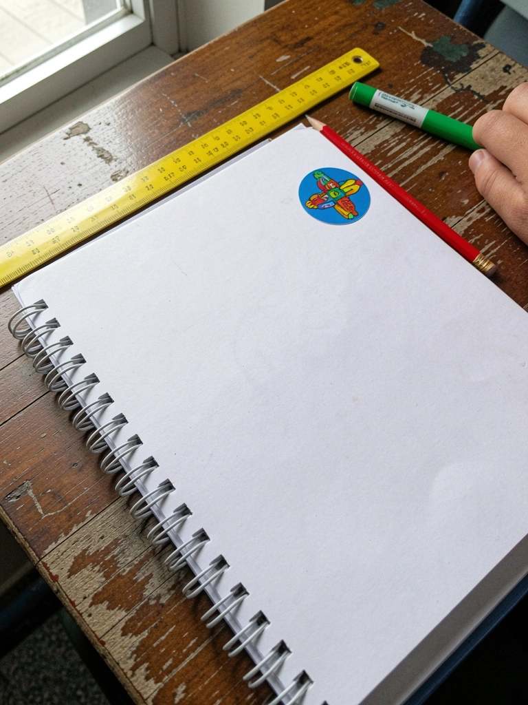 Caderno aberto com adesivo redondo no canto superior sobre mesa escolar.