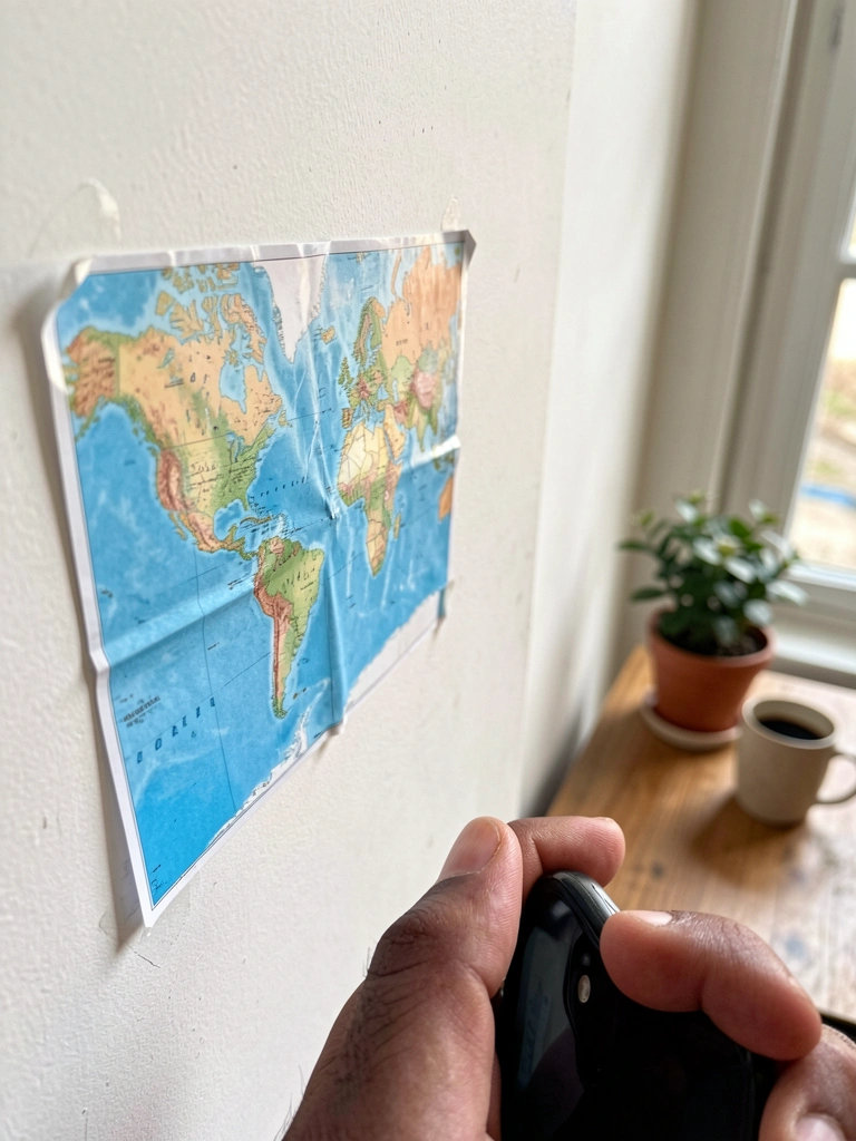 Adesivo de mapa-múndi colorido na parede ao lado de uma mesa de madeira.