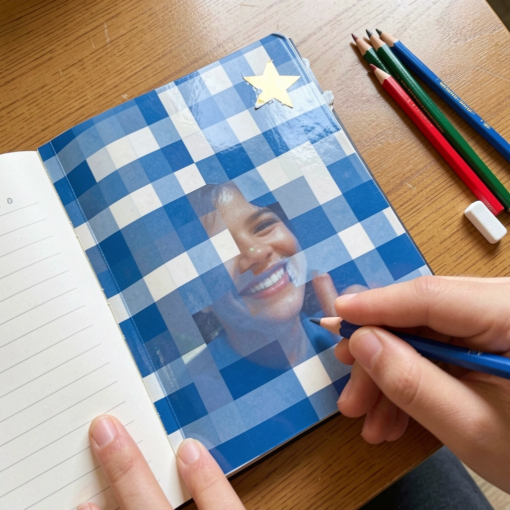 Adesivo de estrela dourada colado na capa de um caderno escolar.
