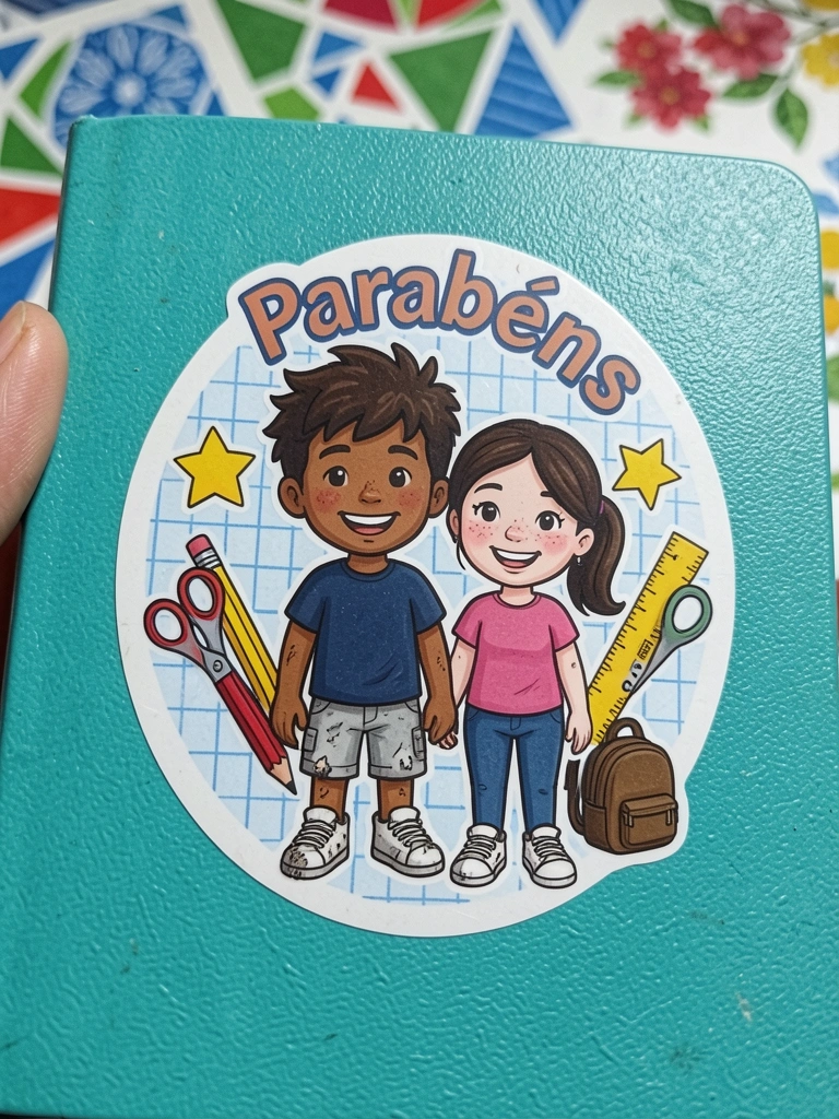 Adesivo redondo com personagem infantil sorrindo e texto