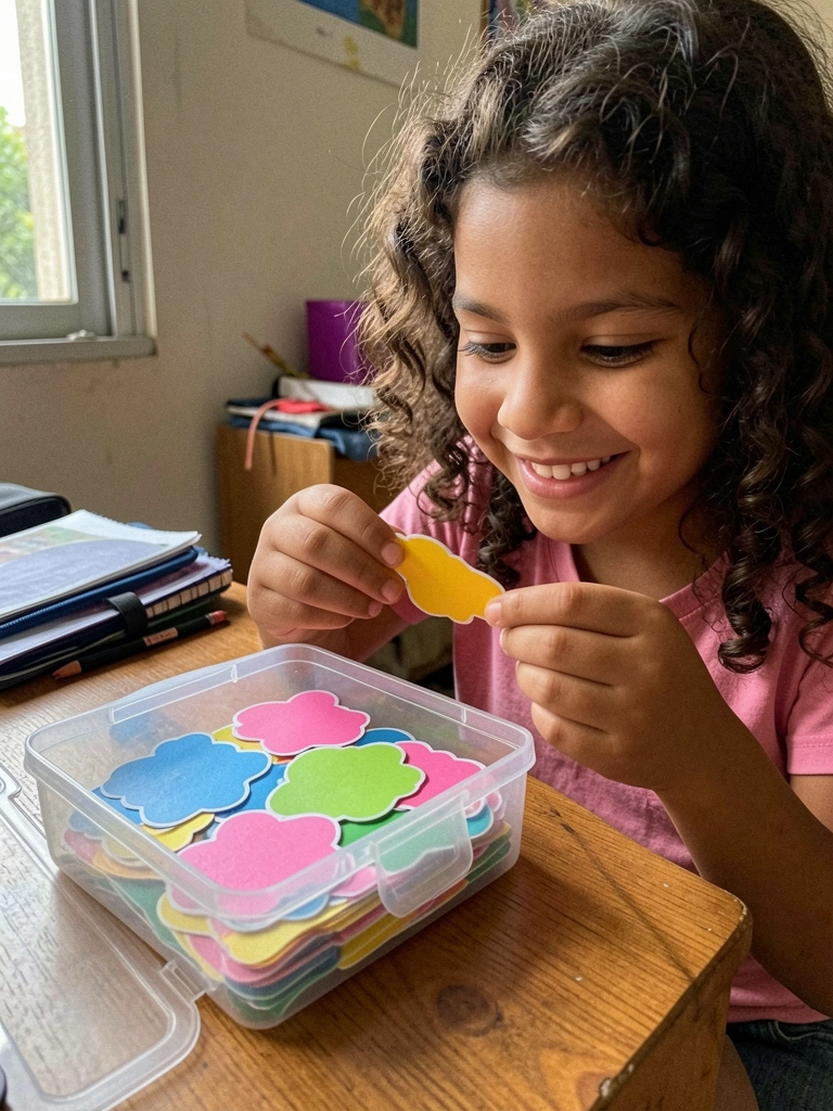 Kit de etiquetas adesivas coloridas em caixa transparente, com diversos tamanhos e cores.