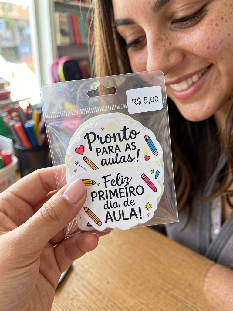 Pacote de 200 adesivos variados sobre uma mesa, com etiqueta de preço visível.