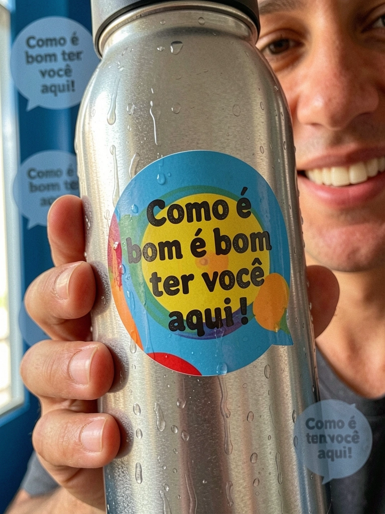 Garrafa térmica com adesivo de vinil colorido e gotas de água escorrendo pela superfície.
