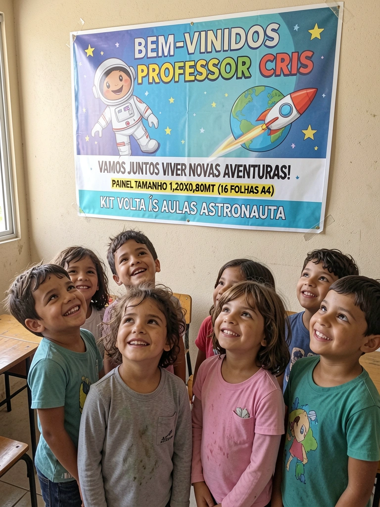 Painel grande com astronauta e foguete em sala de aula, crianças sentadas olhando para ele.