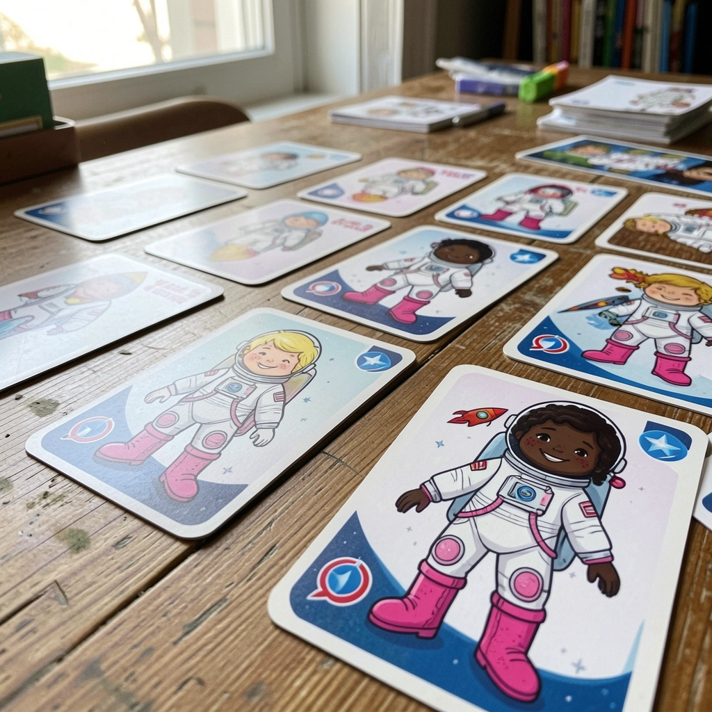 Cartas de jogo da memória com astronautas e foguetes sobre uma superfície plana.