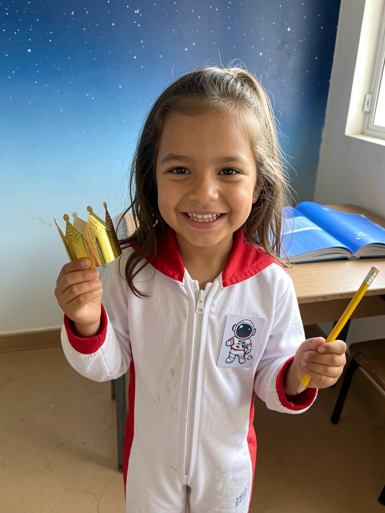 Criança segurando uma coroa de papel e um lápis, usando uma tag de astronauta no pescoço.