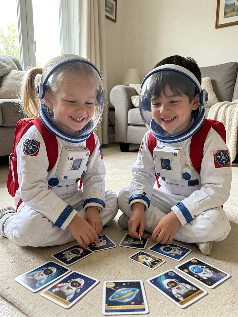 Crianças sentadas em círculo no chão jogando cartas do jogo da memória com tema de astronauta.