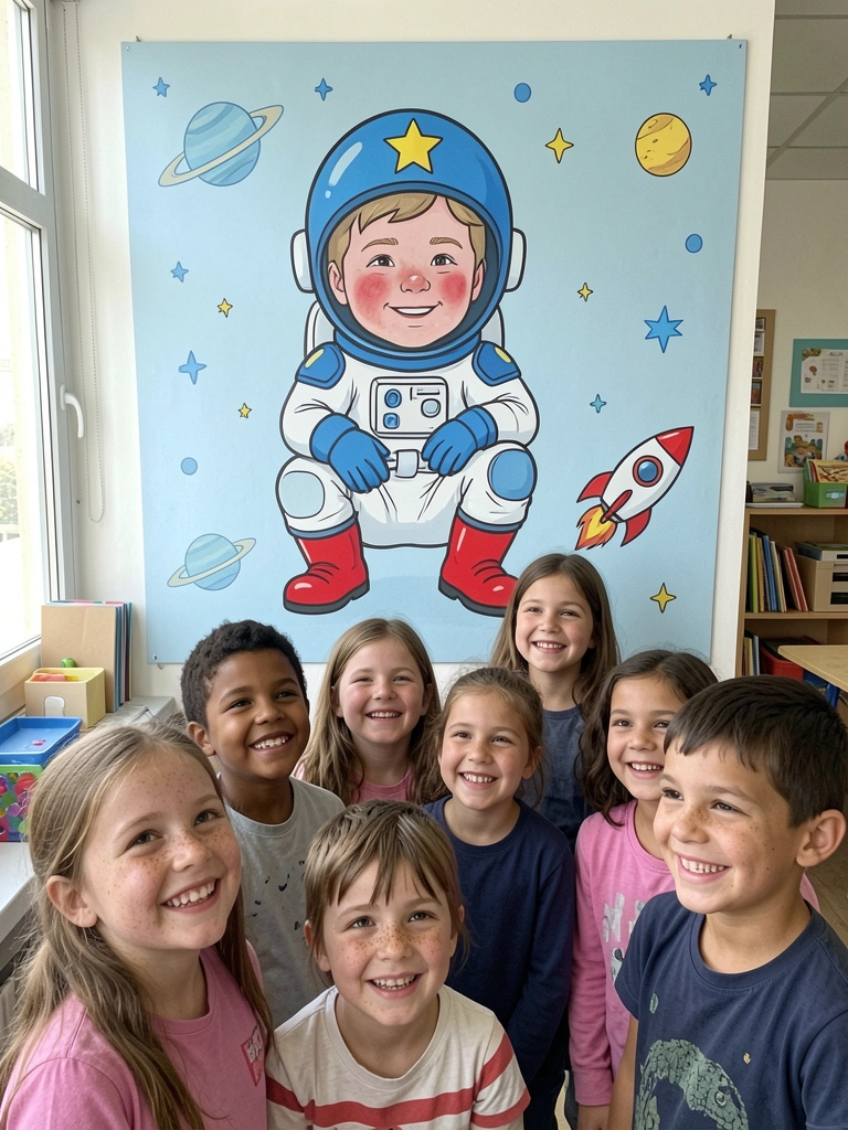 Painel decorativo de astronauta e foguete em parede de sala de aula, crianças sentadas no chão observando.