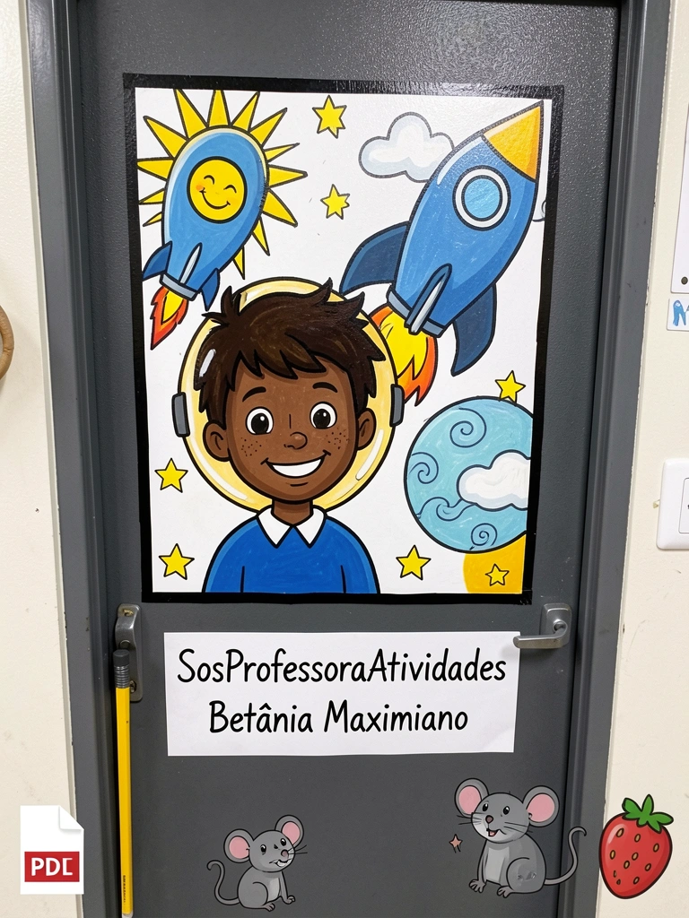 Chamadinha decorada com planetas, estrelas e nomes escritos em um painel colorido.