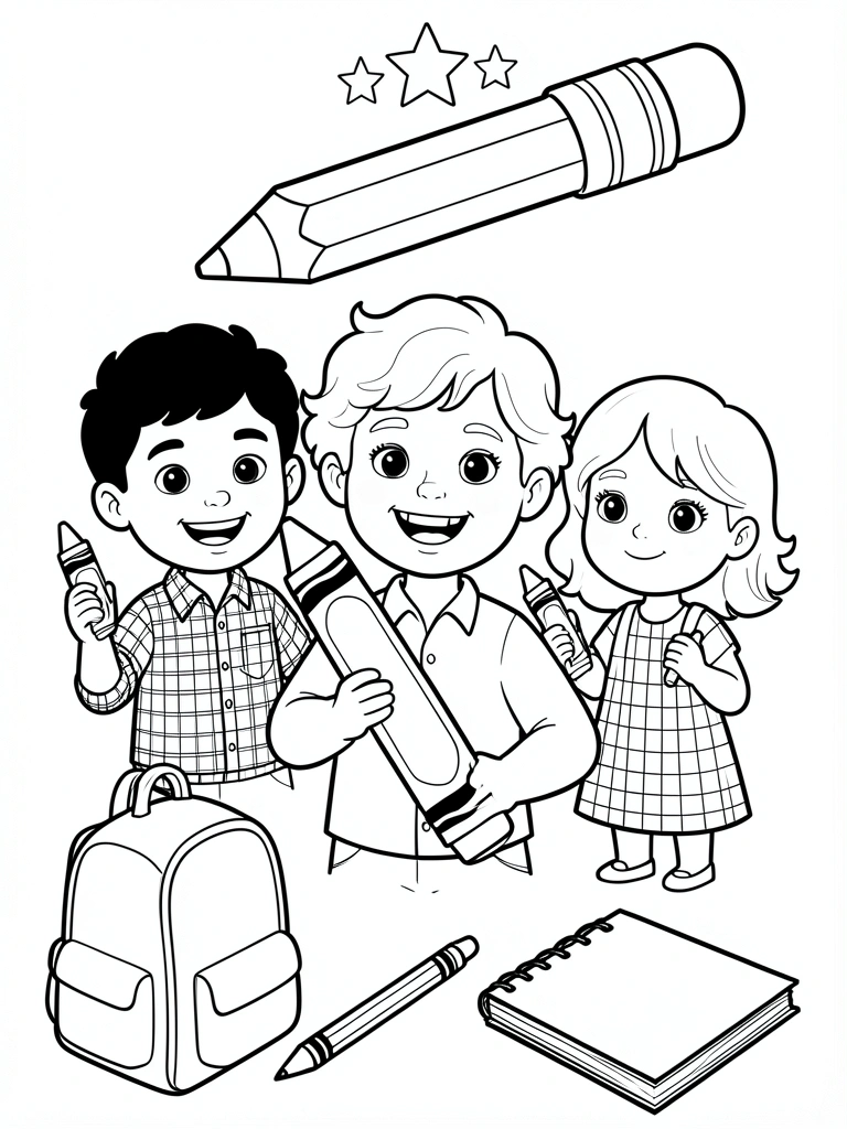 Desenho de mochila, lápis e caderno para colorir.