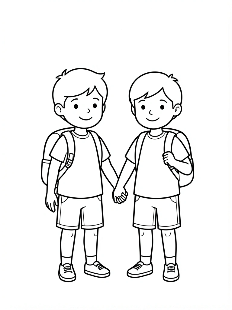 Duas crianças de mãos dadas com mochilas nas costas.