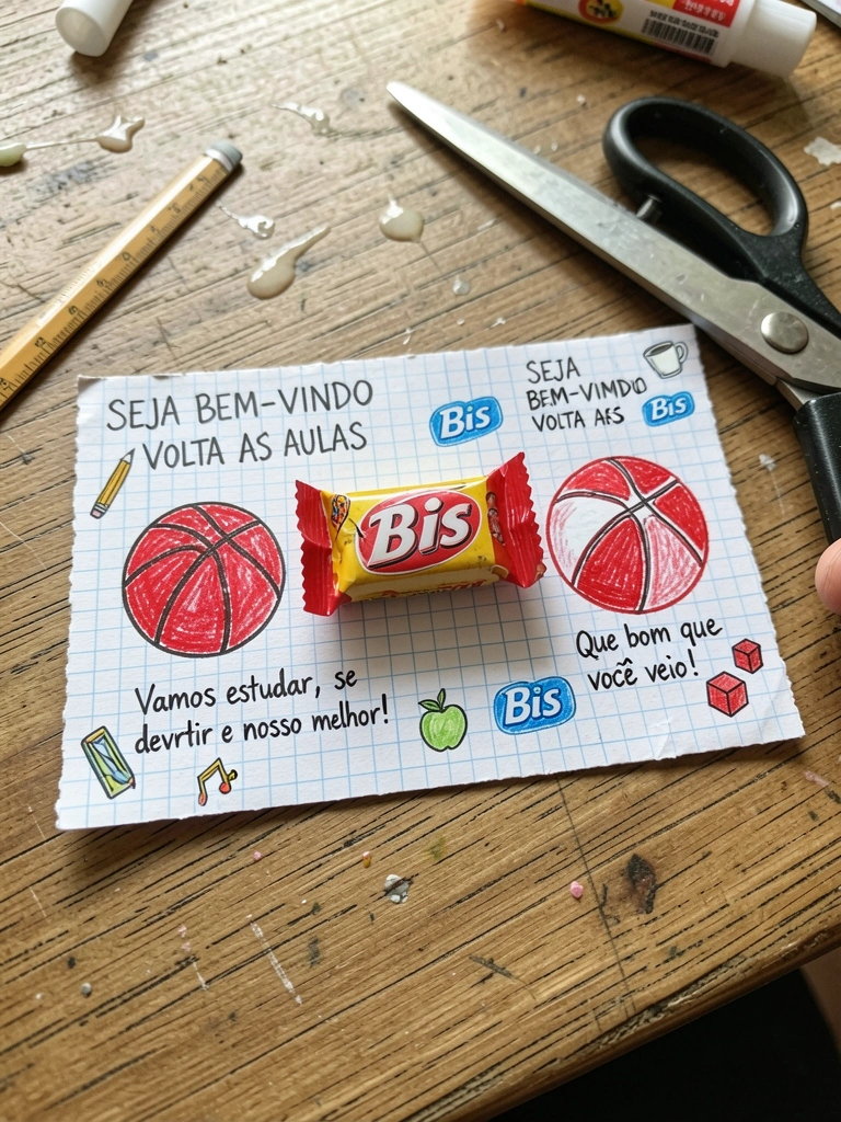 Cartão retangular colorido com um Bis colado no centro, sobre uma mesa com tesoura e cola.
