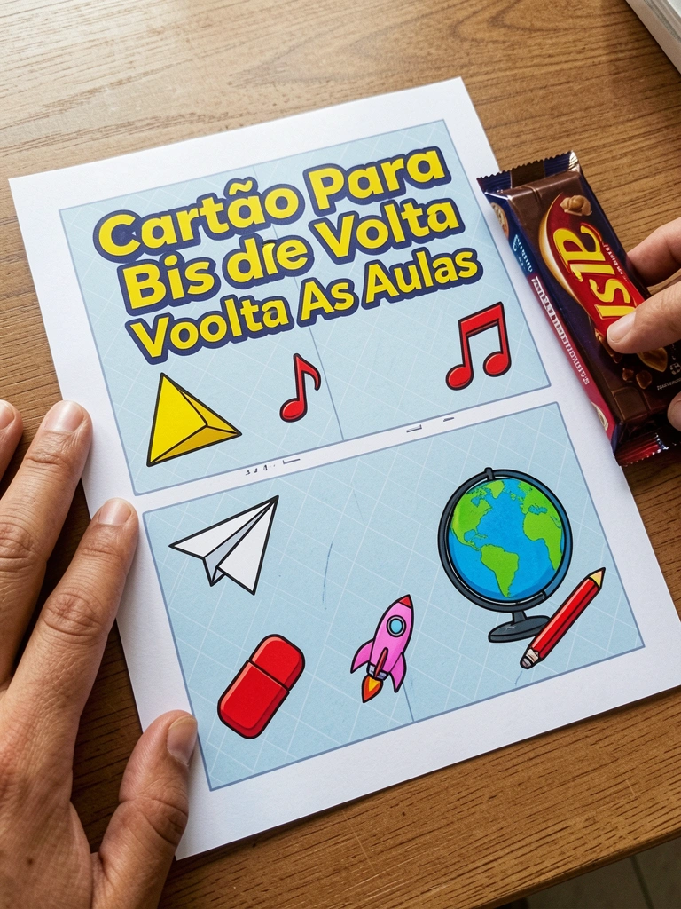 Folha A4 impressa com seis cartões recortáveis ao lado de um Bis.