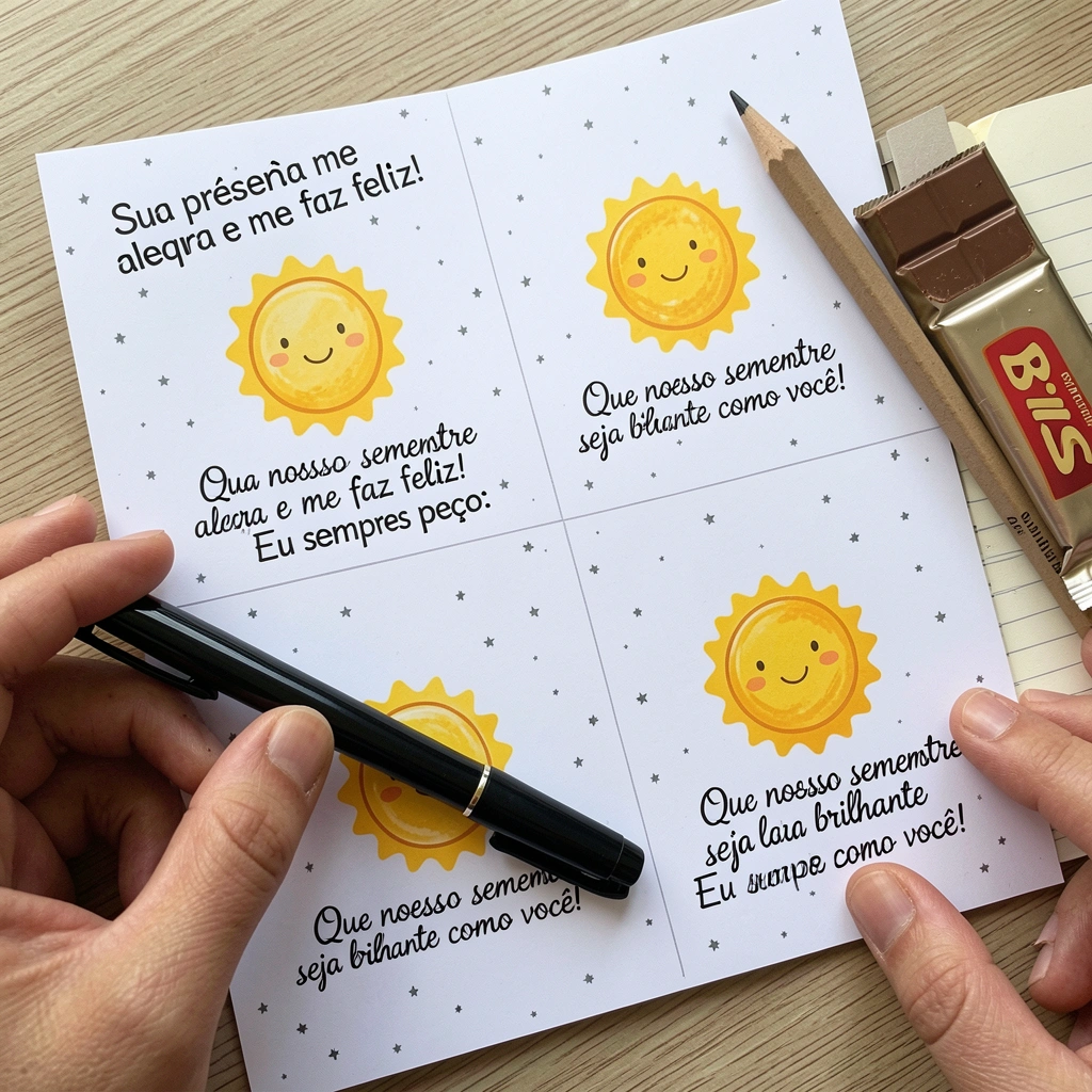 Lápis de papelão com Bis encaixado na ponta, sobre um caderno aberto.