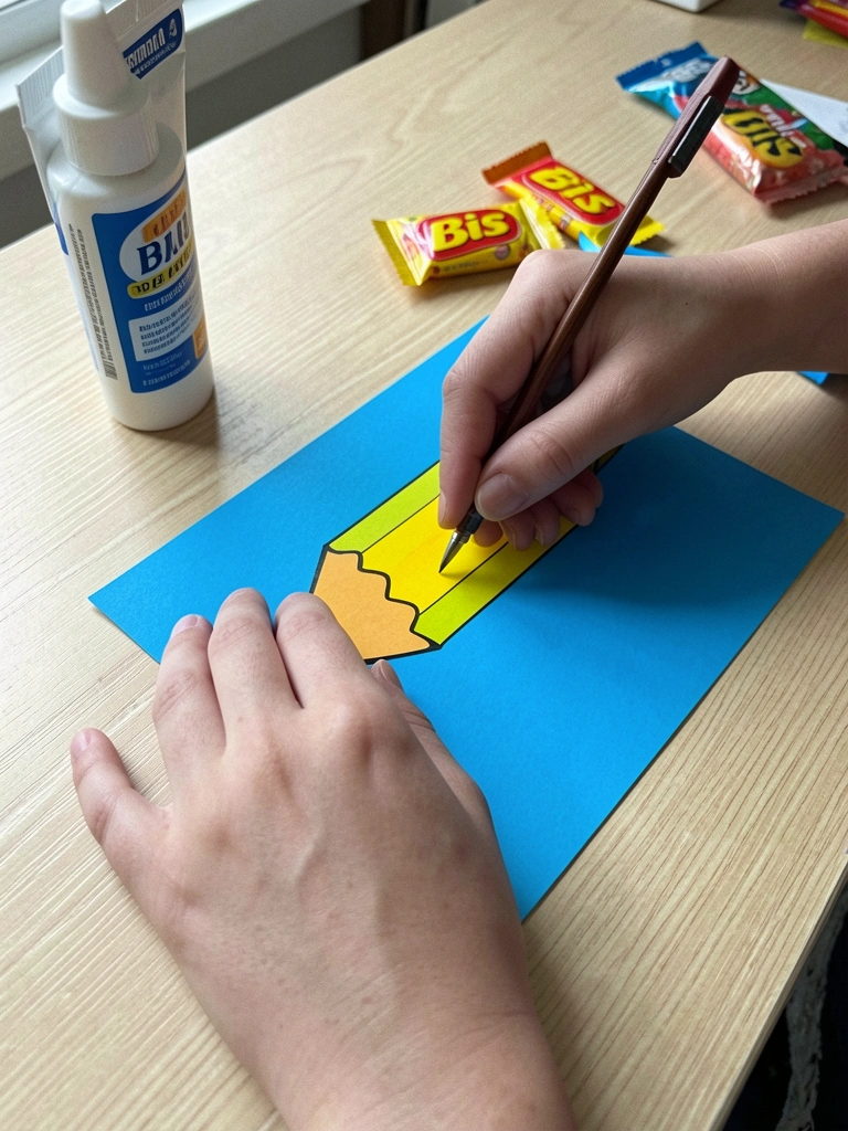 Mãos cortando molde de lápis em papel cartão, com cola e bombom Bis ao lado.