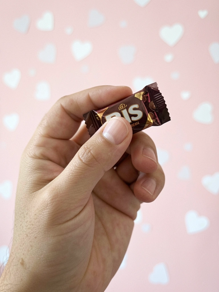 Mão segurando um cartão de agradecimento com um chocolate Bis ao lado.