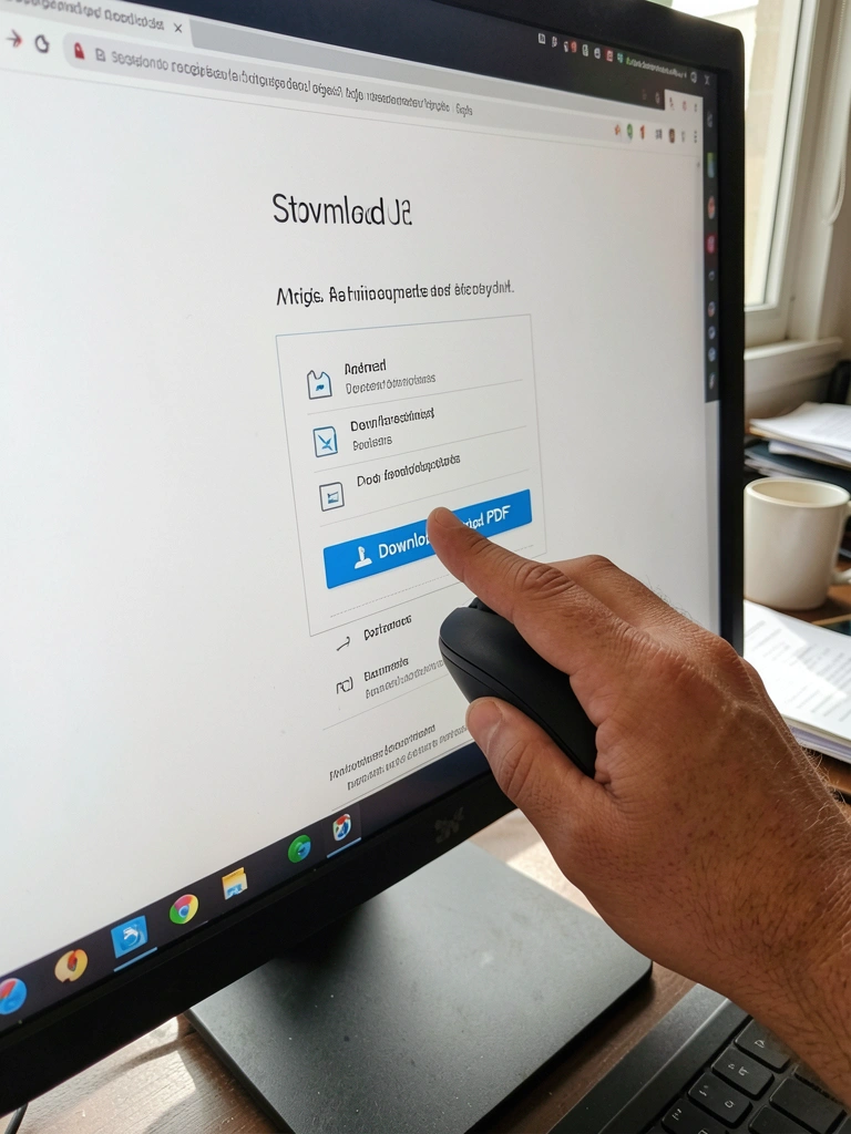 Tela de computador exibindo site com opção de download de PDF, mouse apontando para o botão.