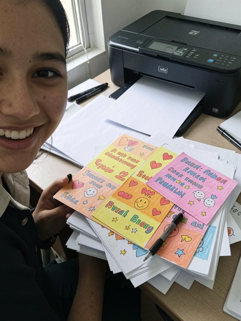 Impressora jato de tinta imprimindo folha com cartões, pilha de papéis ao lado.