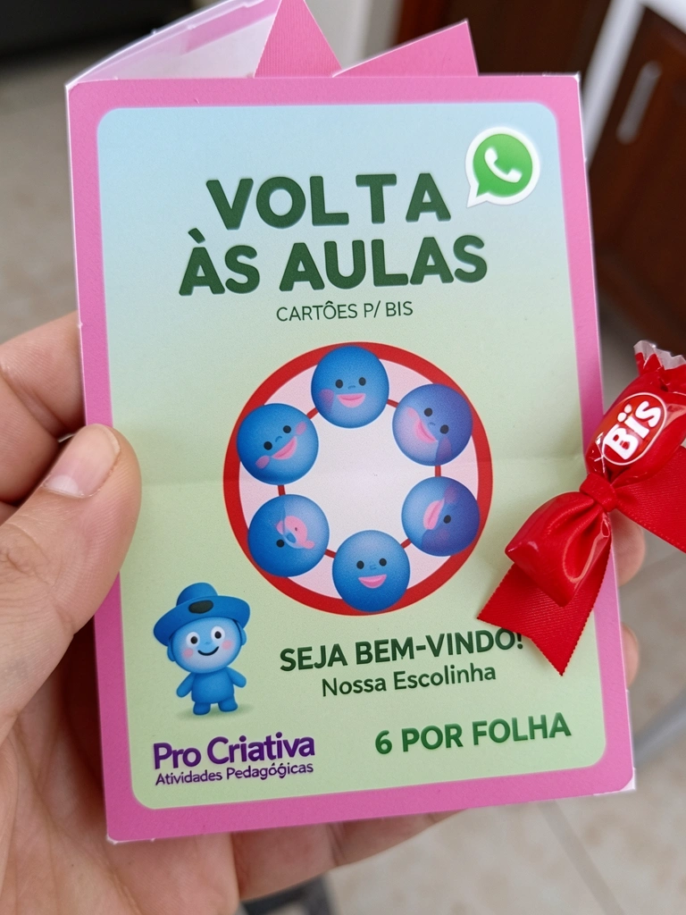 Close-up de um cartão com Bis e um lacinho vermelho amarrado sobre ele.