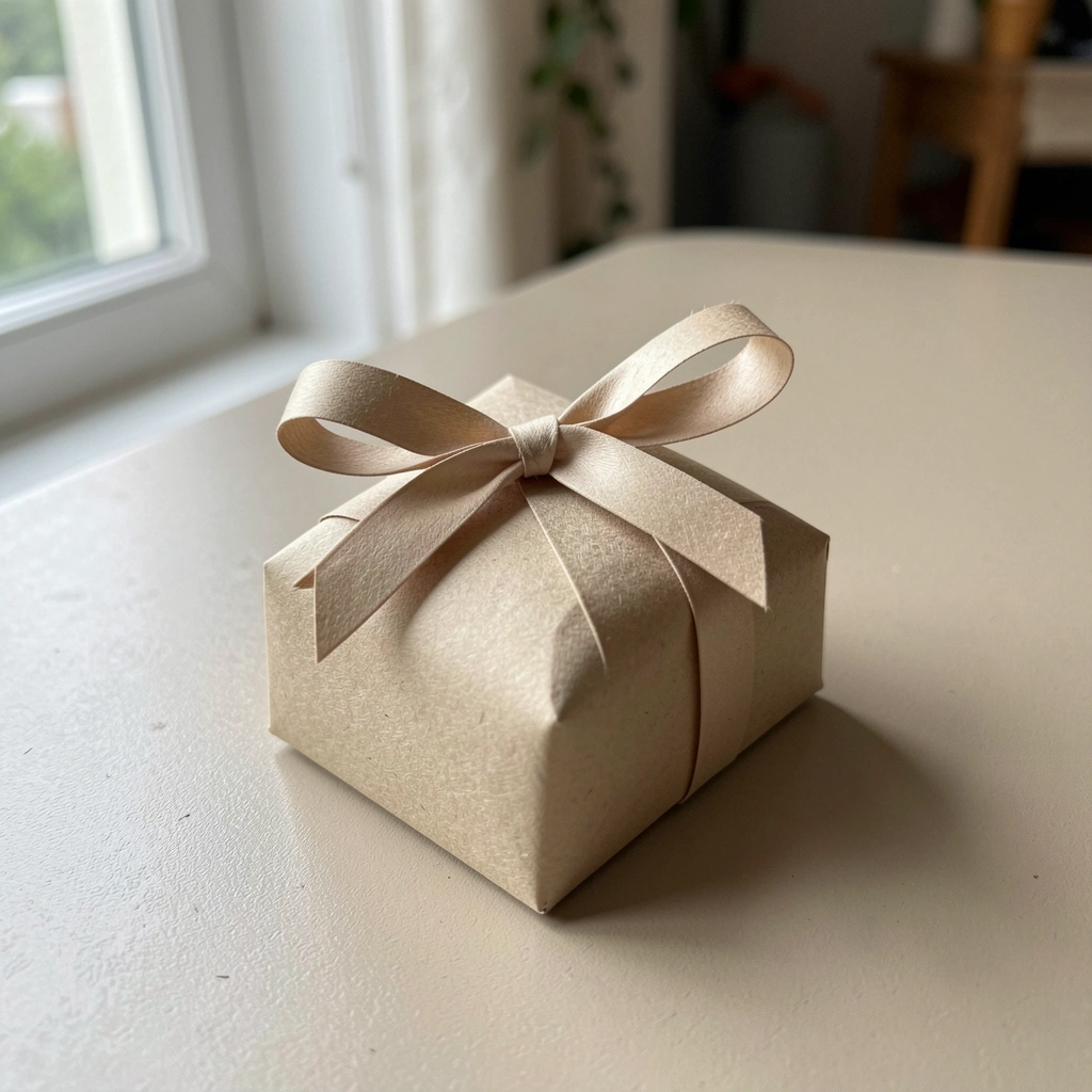 Lembrancinha de papel firme com laço sobre fundo neutro.
