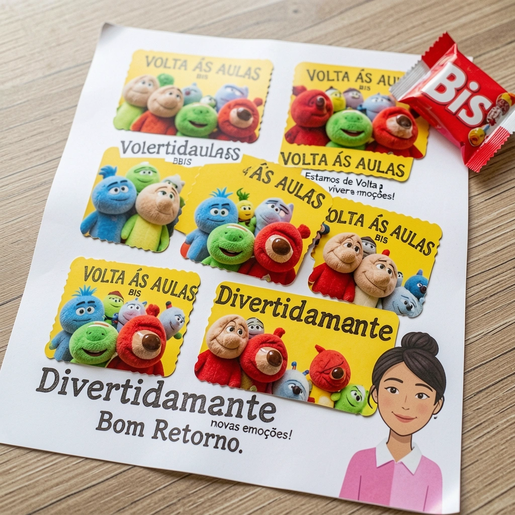 Folha A4 impressa com seis cartões recortáveis ao lado de um Bis.