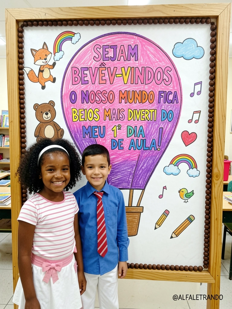 Painel decorativo com balões coloridos em formato de balão de ar quente e letras recortadas formando frase motivacional, ao fundo uma sala de aula.