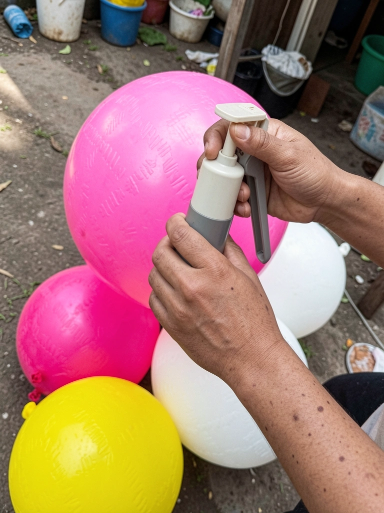 Mãos inflando um balão com uma bomba manual sobre uma mesa com outros balões coloridos ao lado.