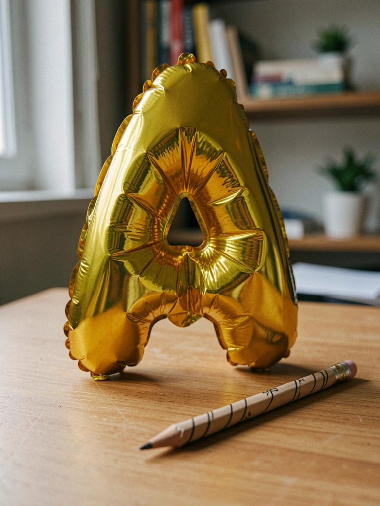 Balão metálico dourado com a letra A e lápis decorado de papel sobre superfície lisa.