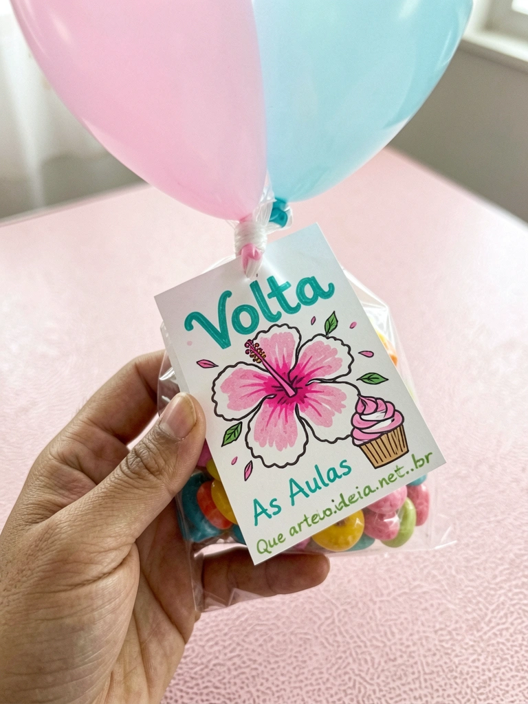 Mão segurando um mini balão preso a um saquinho de doces com tag personalizada.