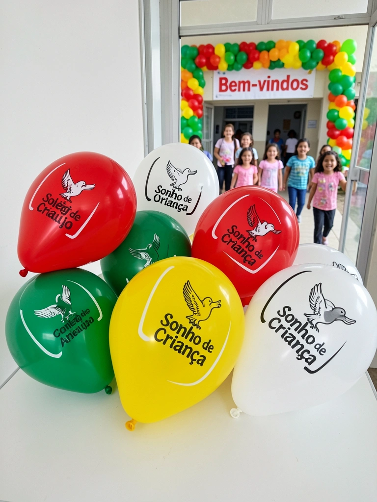 Crianças entram na escola sob um painel de balões coloridos e faixa de boas-vindas.