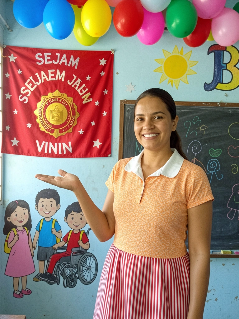 Sala de aula com balões coloridos pendurados no teto e nas paredes, lousa decorada com desenhos.
