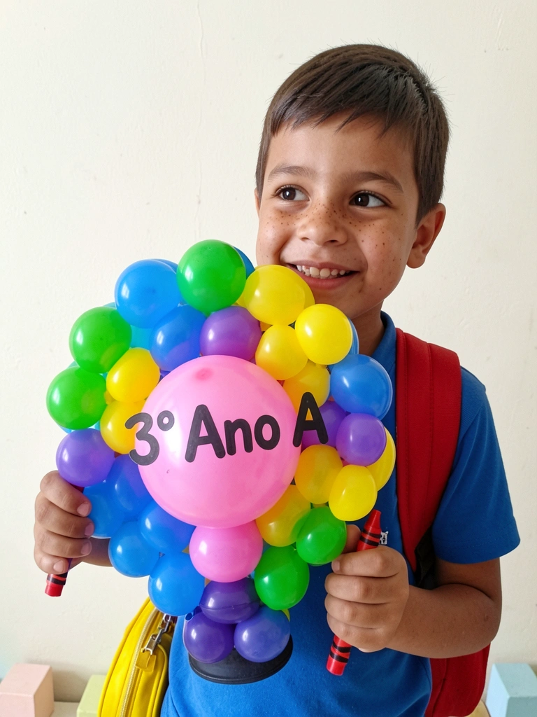 Painel em formato de balão de ar quente com letras 