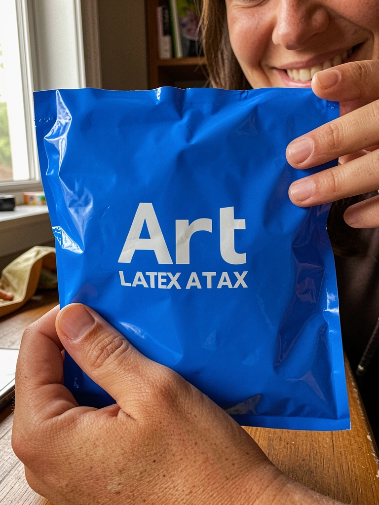 Pacote de balões Art Latex na cor azul, close na embalagem com logotipo.