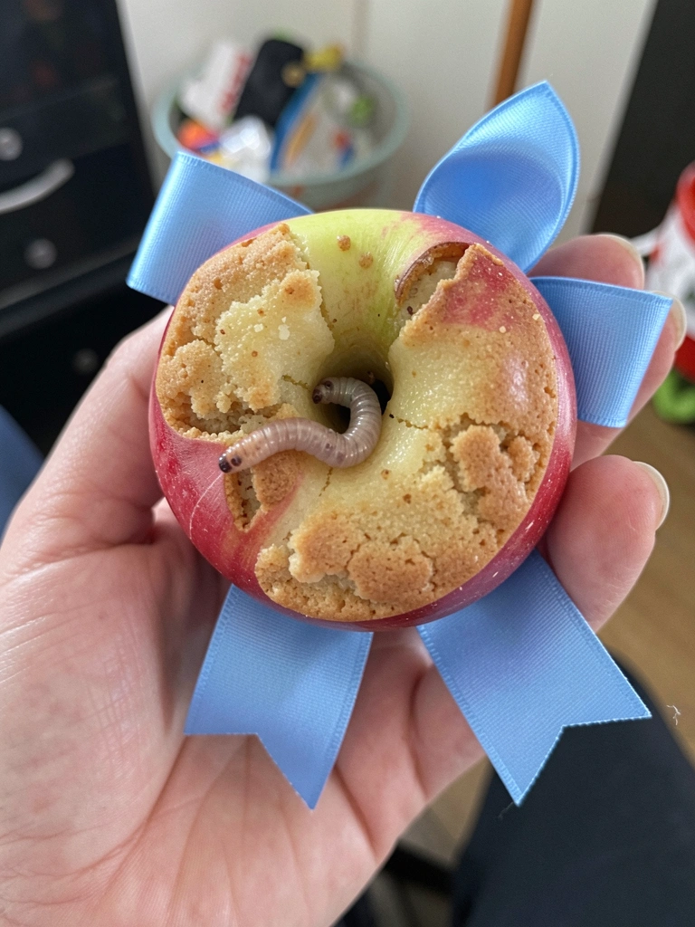 Maçã de biscuit com minhoca saindo, sobre laço azul, segurada por uma mão.