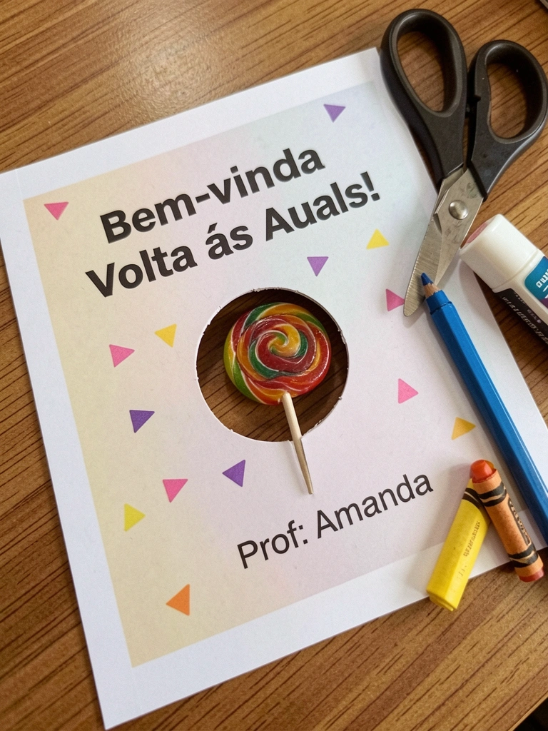 Cartão colorido com furo redondo no centro, um pirulito inserido, sobre mesa com tesoura e cola.
