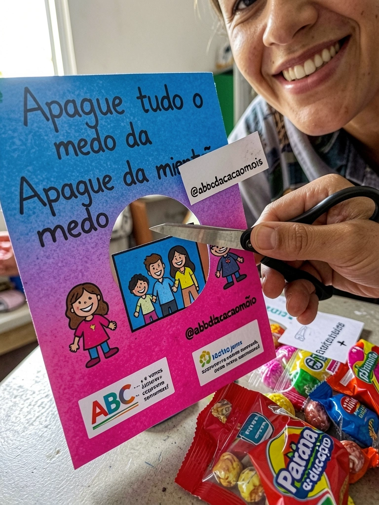 Mão segurando tesoura cortando círculo em papel cartão, ao lado pacote de balas.